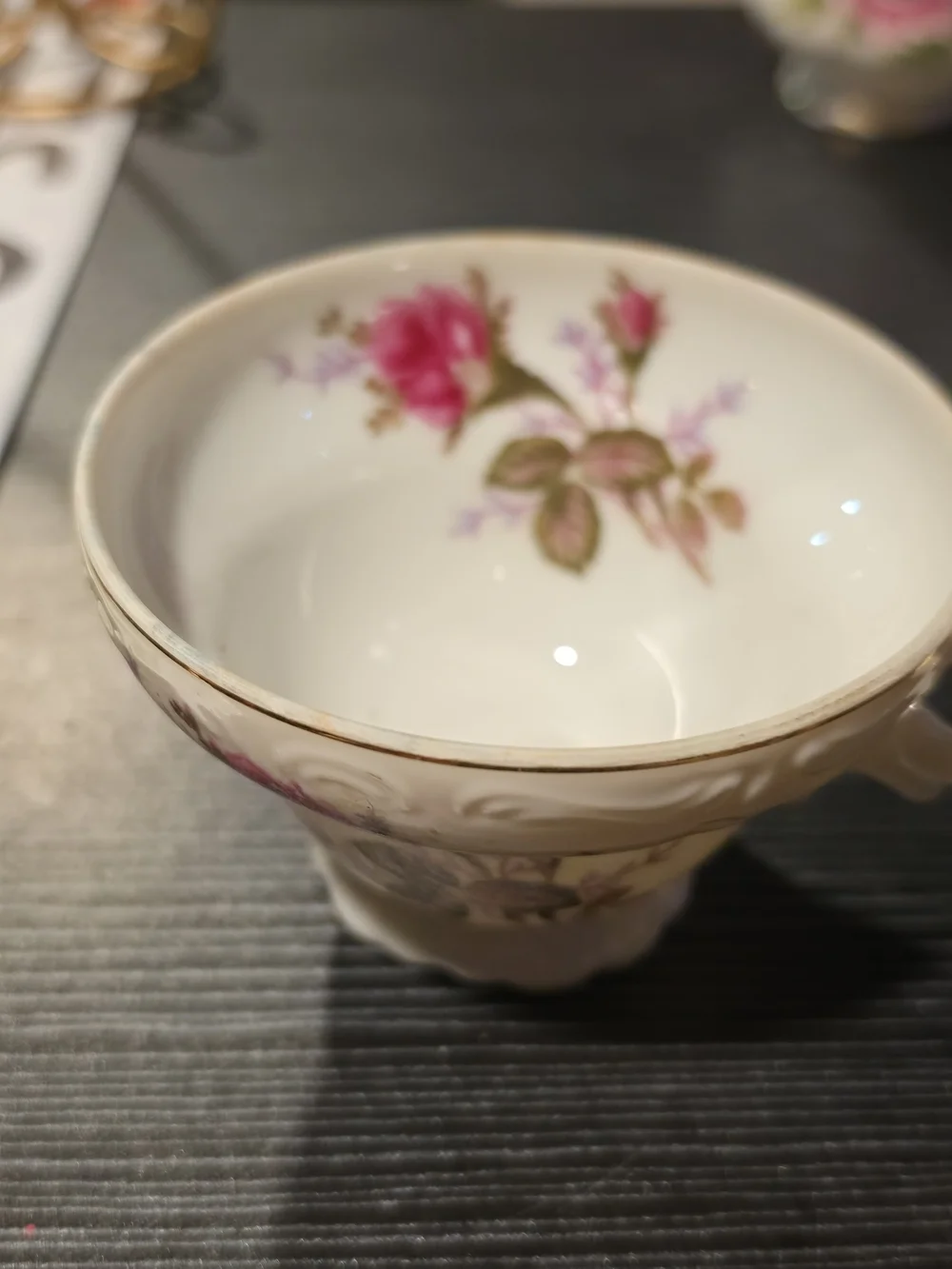 Floral Porcelain Teacup with Pink Rose Motif
